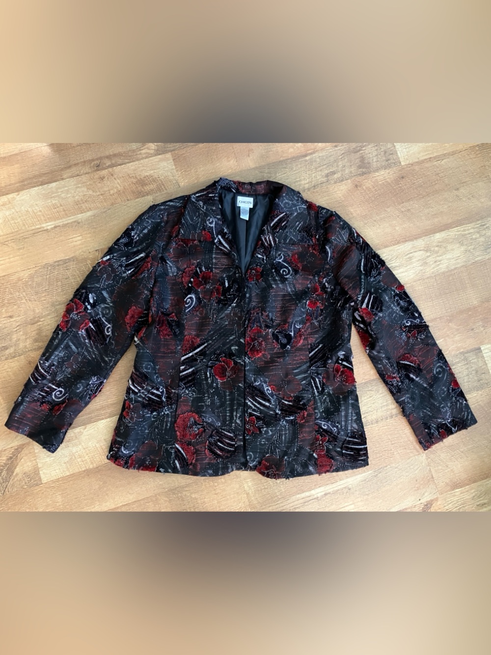 Chico's Brocade Jacket blazer Red Floral silver embellished Vintage Women’s 2